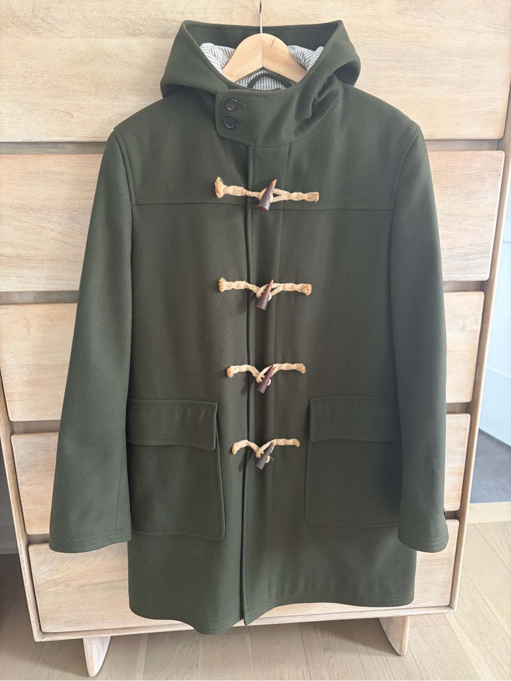 Club Monaco Green Hooded Duffel Coat with Toggle Closures & Oxford Cloth Lining